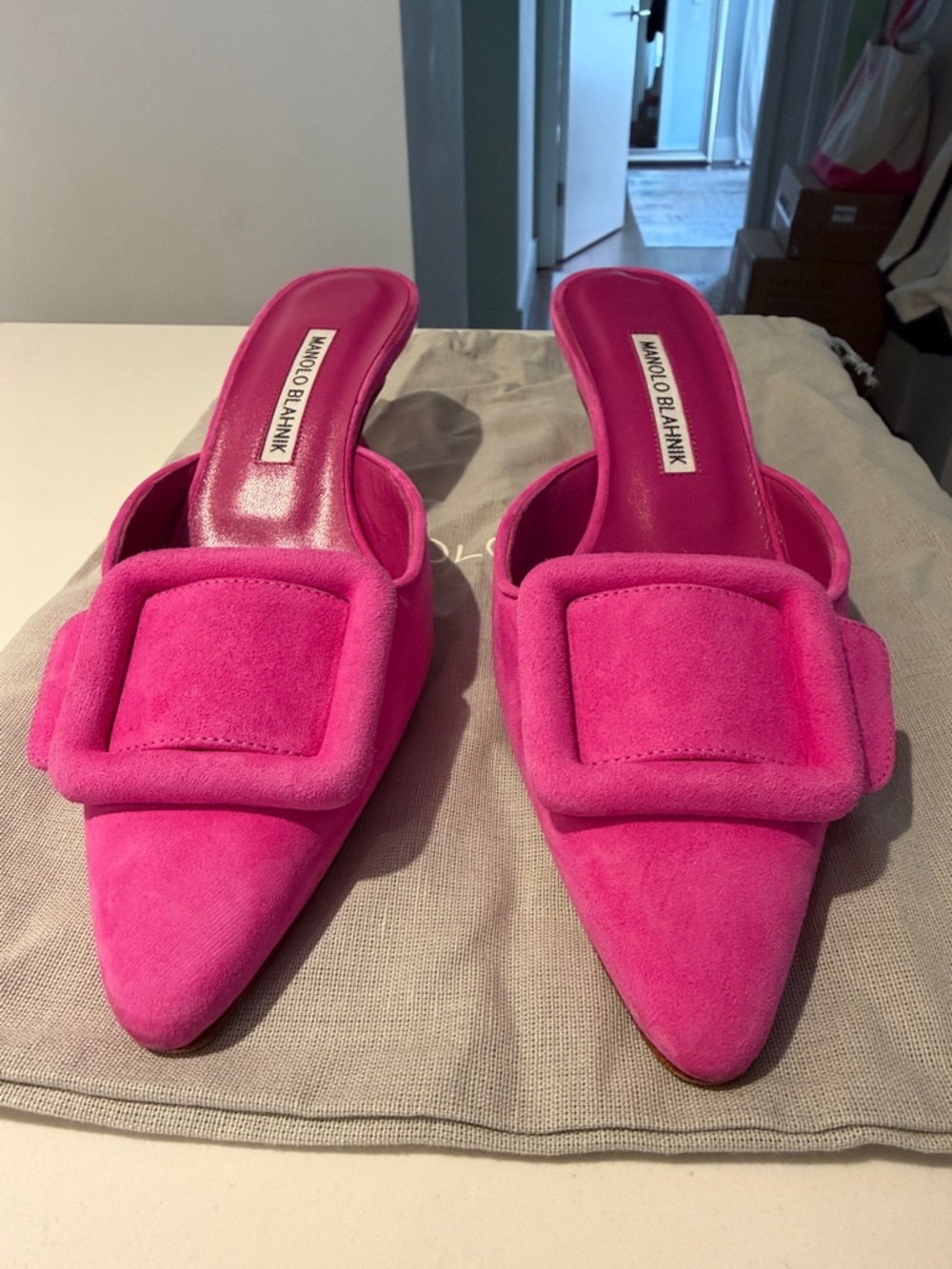 Manolo Blahnik Hot Pink Suede Pointed Toe Buckle Mules